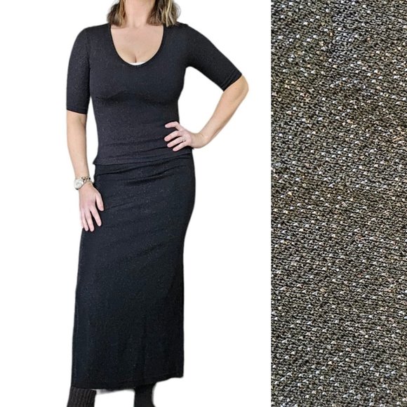 Vintage 90s Black Sparkle Lurex Outfit Skirt Set Maxi Goth XS/S Special Occasion